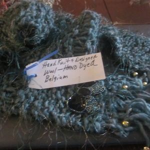 NWT~HANDKNITTED Dark TEAL WOOL SCARF~4"x56"BEADED